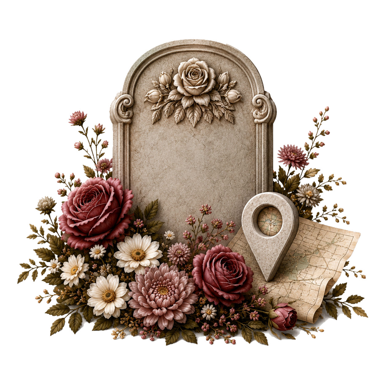 Tombstone with flowers and a cemetery location pin
