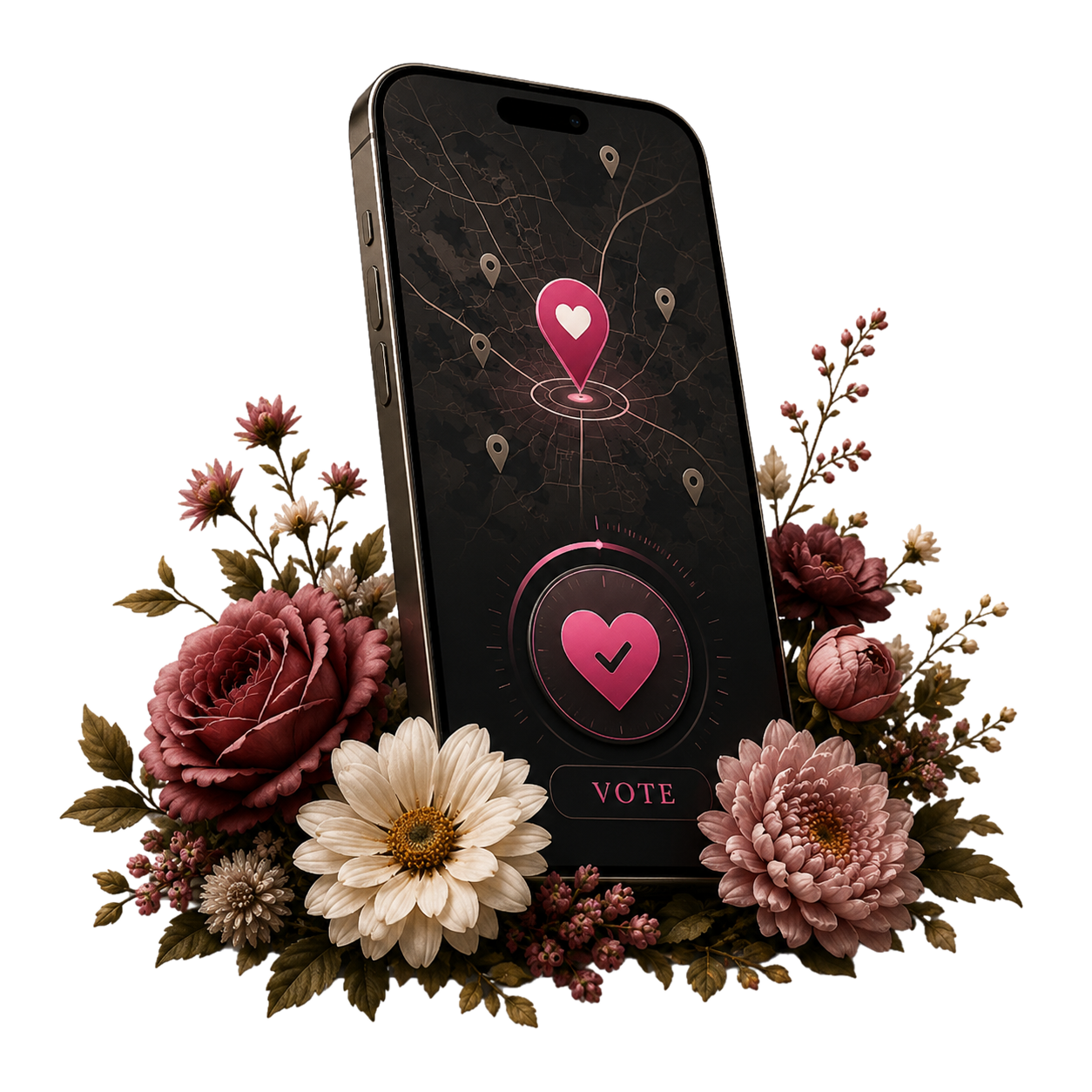 Smartphone showing a cemetery vote interface surrounded by flowers